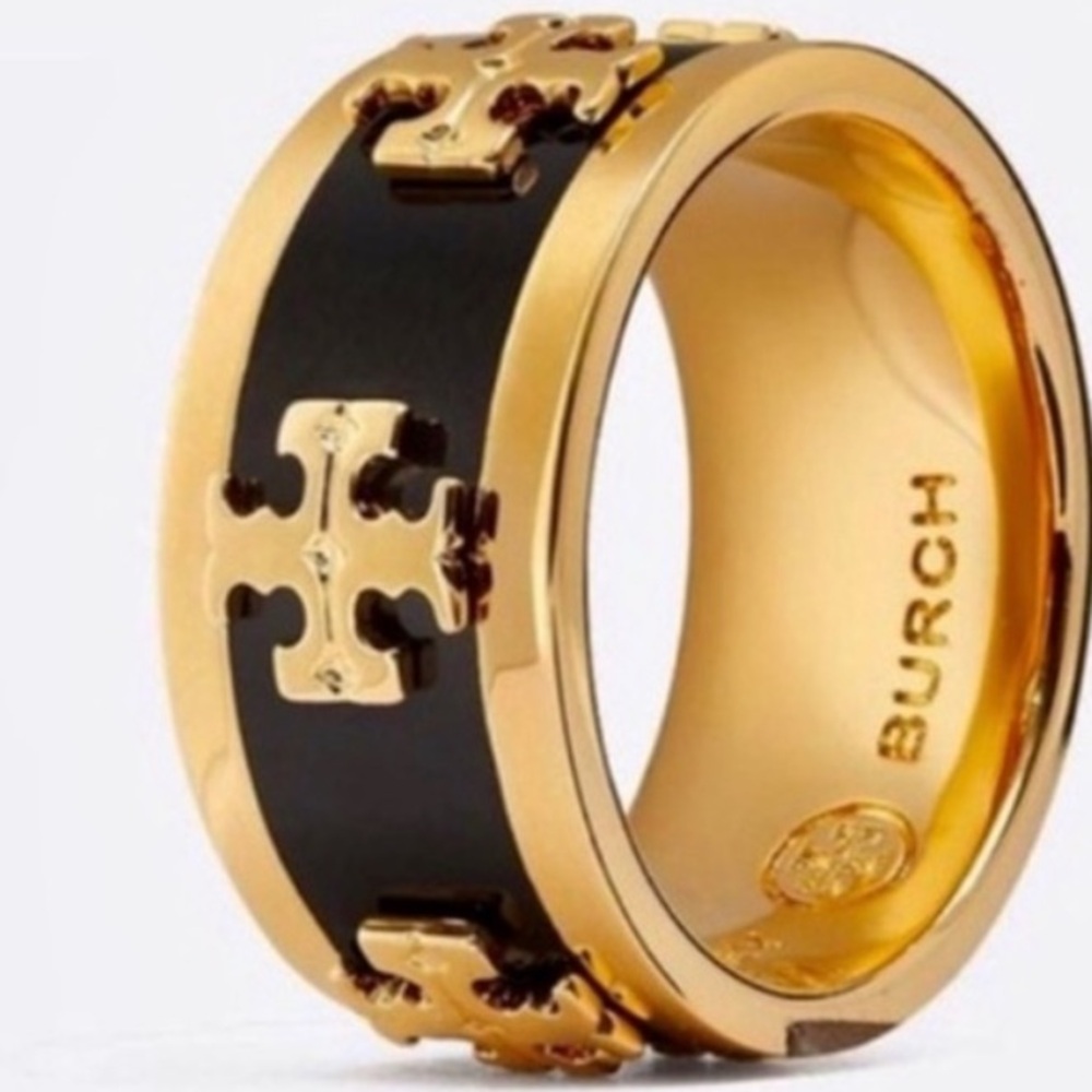 🆕 Tory Burch Authentic Wide Band Black Enamel With Gold Raised Logo Ring